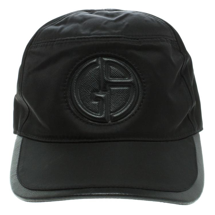 Pre Owned Giorgio Armani Black Embossed Logo Detail Leather Trim Baseball Cap M ( Size 57 )