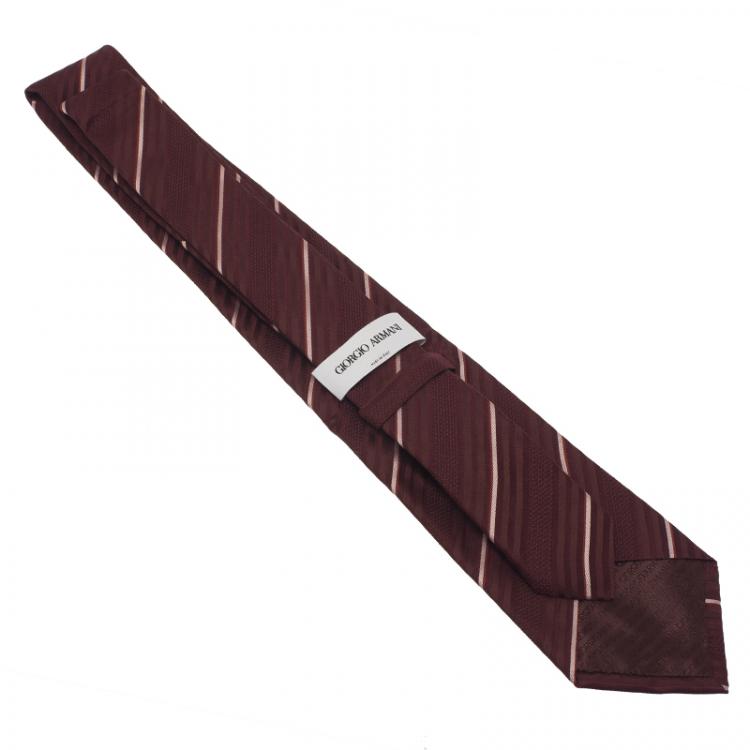 Pre Owned Giorgio Armani Burgundy Silk Striped Tie 