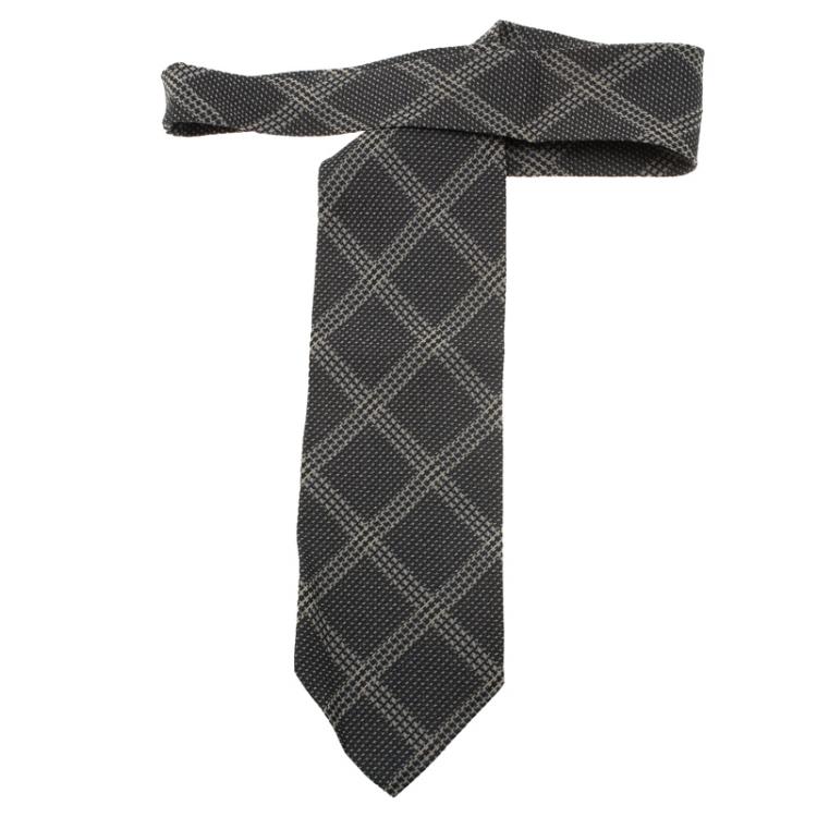 Pre Owned Giorgio Armani Grey and White Printed Silk Tie