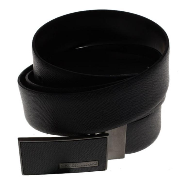 Pre Owned Giorgio Armani Black Leather Logo Buckle One Size Belt 