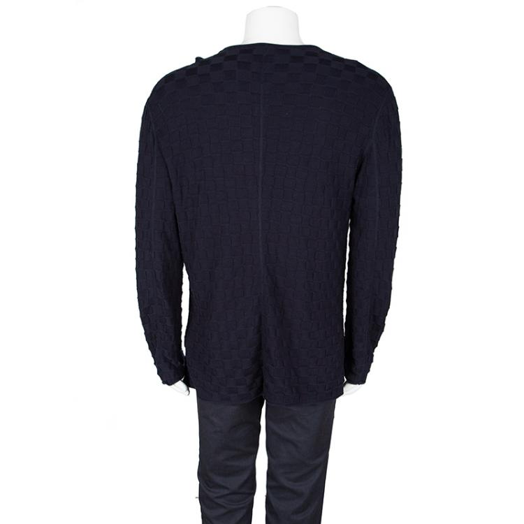Pre Owned Giorgio Armani Navy Blue Basketweave Cotton Knit Cardigan XXL