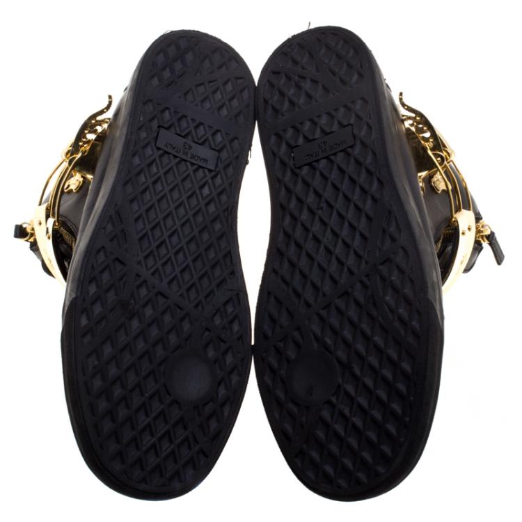 Pre Owned Giuseppe Zanotti Black Leather London Double Buckle High Top Sneakers Size 43