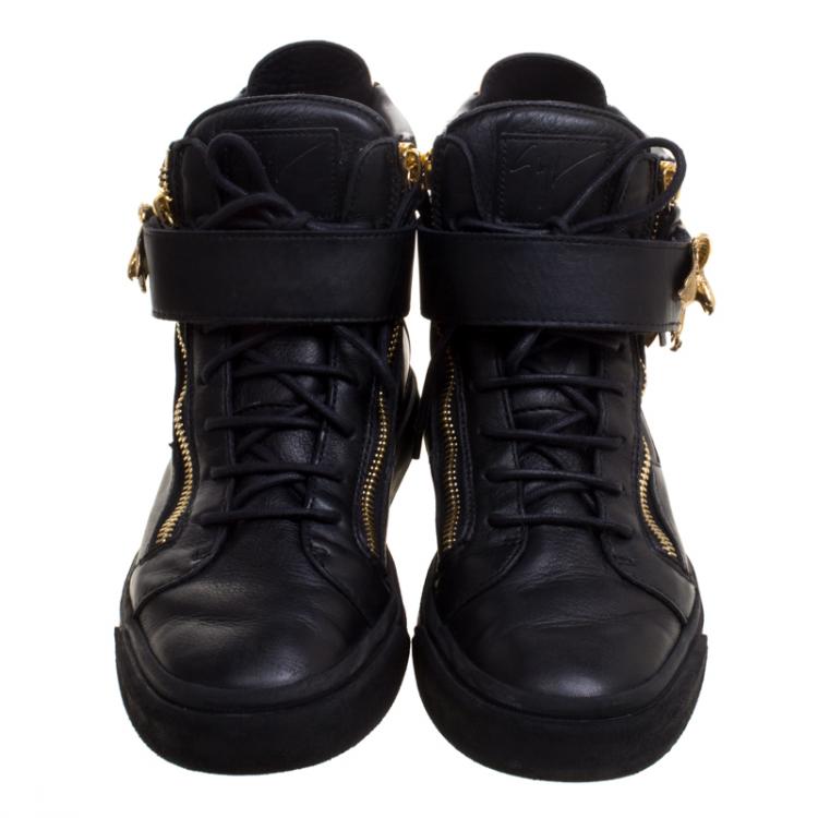 Pre Owned Giuseppe Zanotti Black Leather Eagle High Top Sneakers Size 43