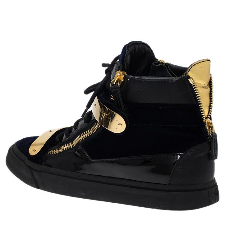 Pre Owned Giuseppe Zanotti Navy Blue Velvet and Black Leather Coby High Top Sneakers Size 43