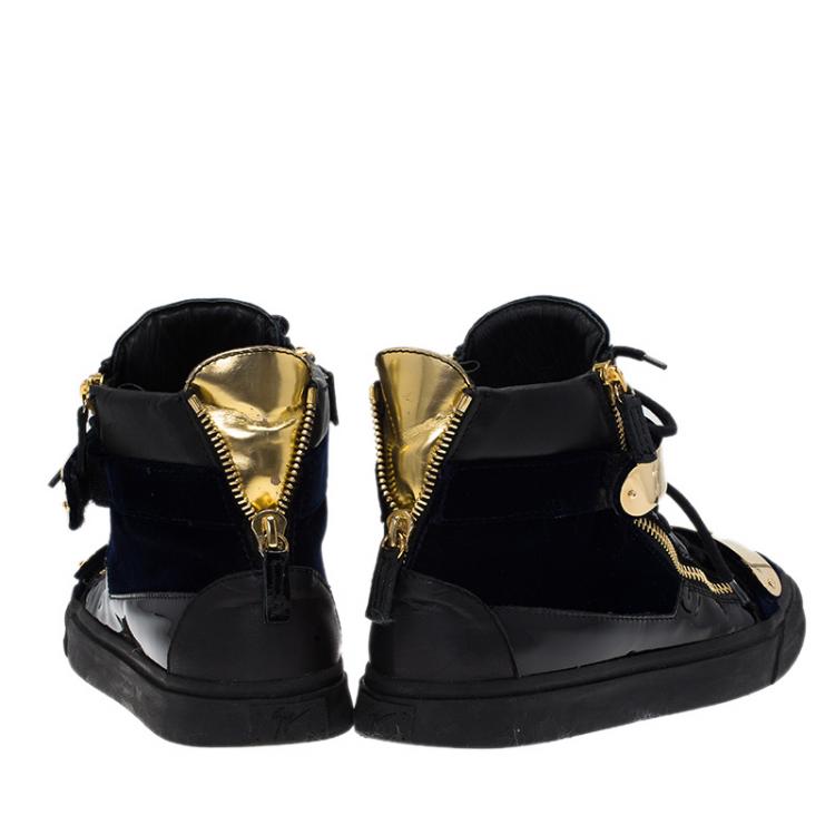 Pre Owned Giuseppe Zanotti Navy Blue Velvet and Black Leather Coby High Top Sneakers Size 43