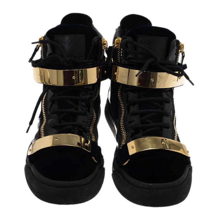Pre Owned Giuseppe Zanotti Navy Blue Velvet and Black Leather Coby High Top Sneakers Size 43