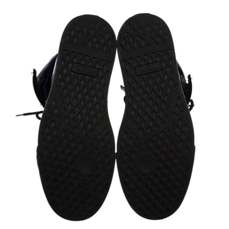 Pre Owned Giuseppe Zanotti Navy Blue Velvet and Black Leather Coby High Top Sneakers Size 43