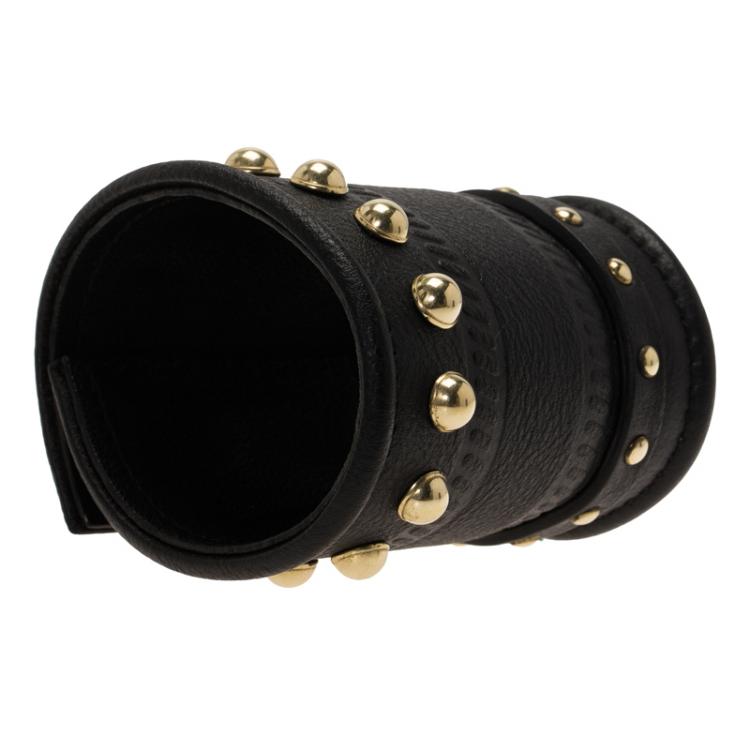 Pre Owned Givenchy Gold Tone Studs Embossed Black Leather Extra Wide Cuff Bracelet 