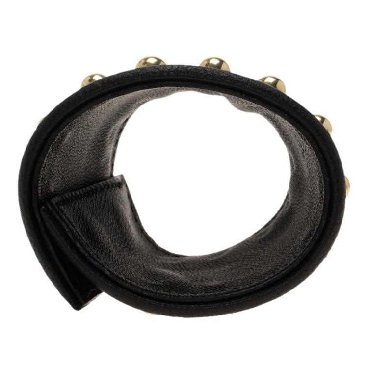 Pre Owned Givenchy Gold Tone Studs Embossed Black Leather Extra Wide Cuff Bracelet 