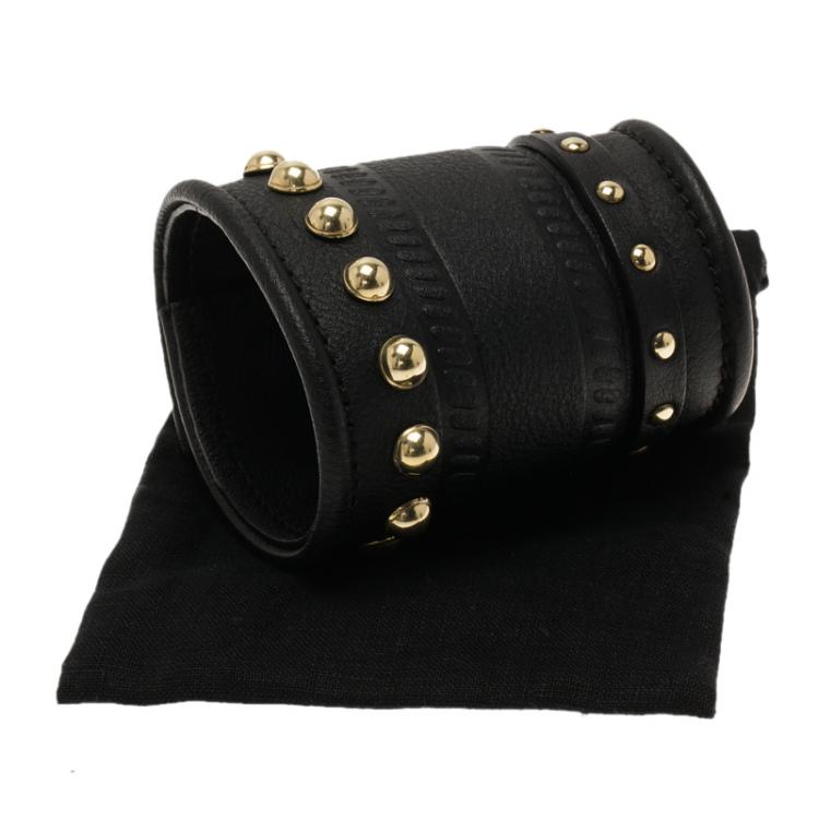 Pre Owned Givenchy Gold Tone Studs Embossed Black Leather Extra Wide Cuff Bracelet 
