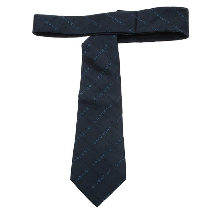 Pre Owned Givenchy Navy Blue Logo Silk Tie
