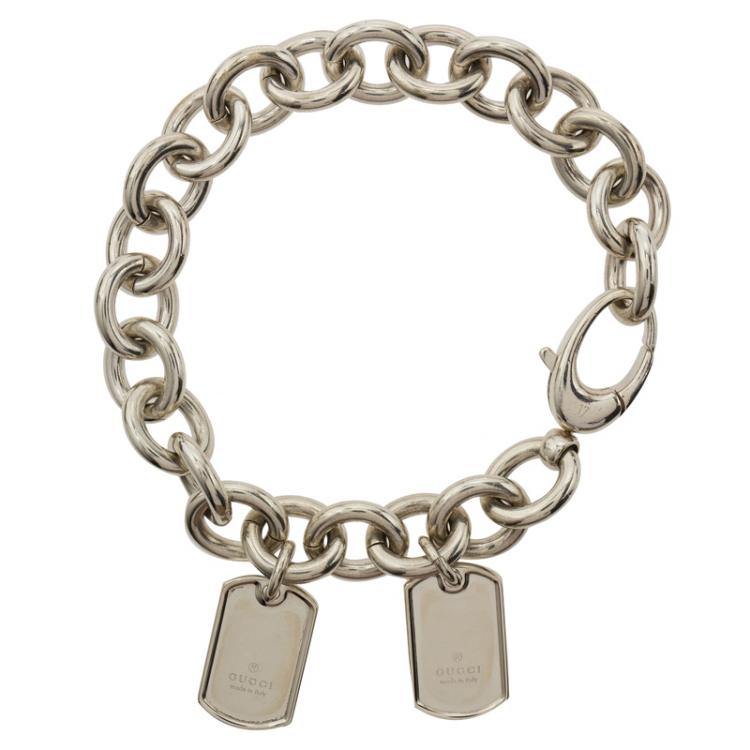 Pre Owned Gucci Dog Tag Silver Chain Bracelet
