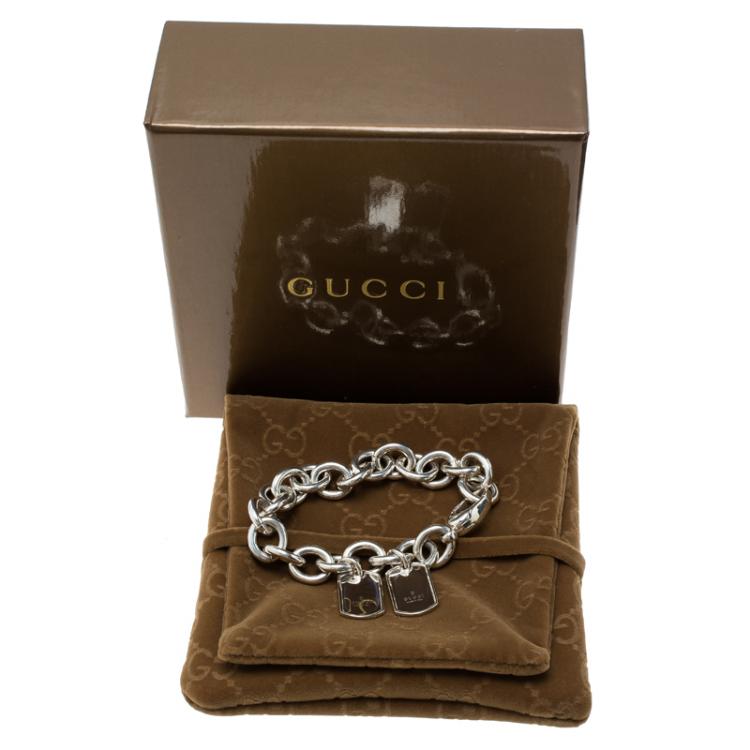 Pre Owned Gucci Dog Tag Silver Chain Bracelet