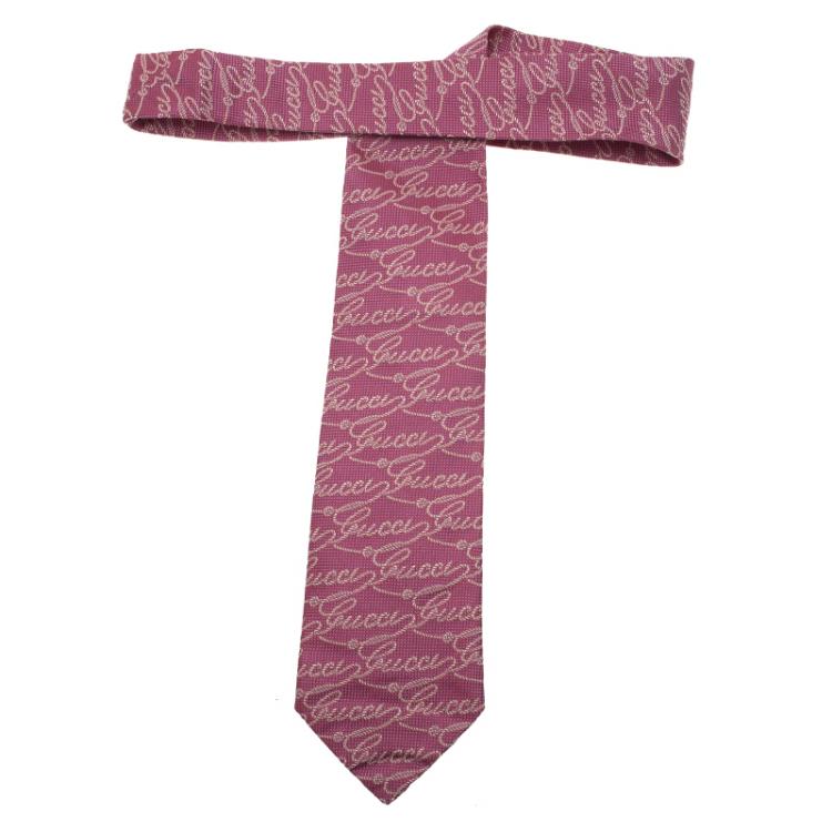 Pre Owned Gucci Pink Gucci Print Silk Tie