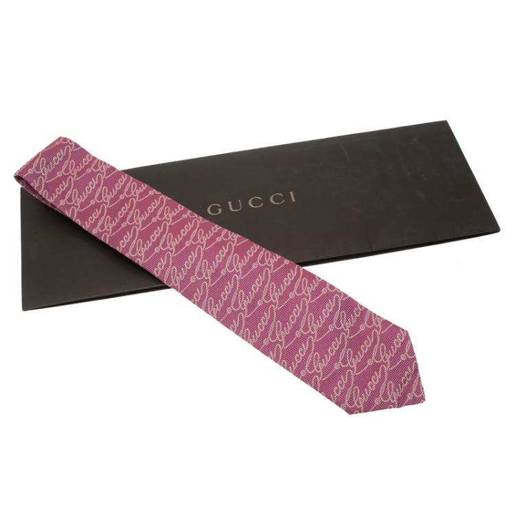 Pre Owned Gucci Pink Gucci Print Silk Tie