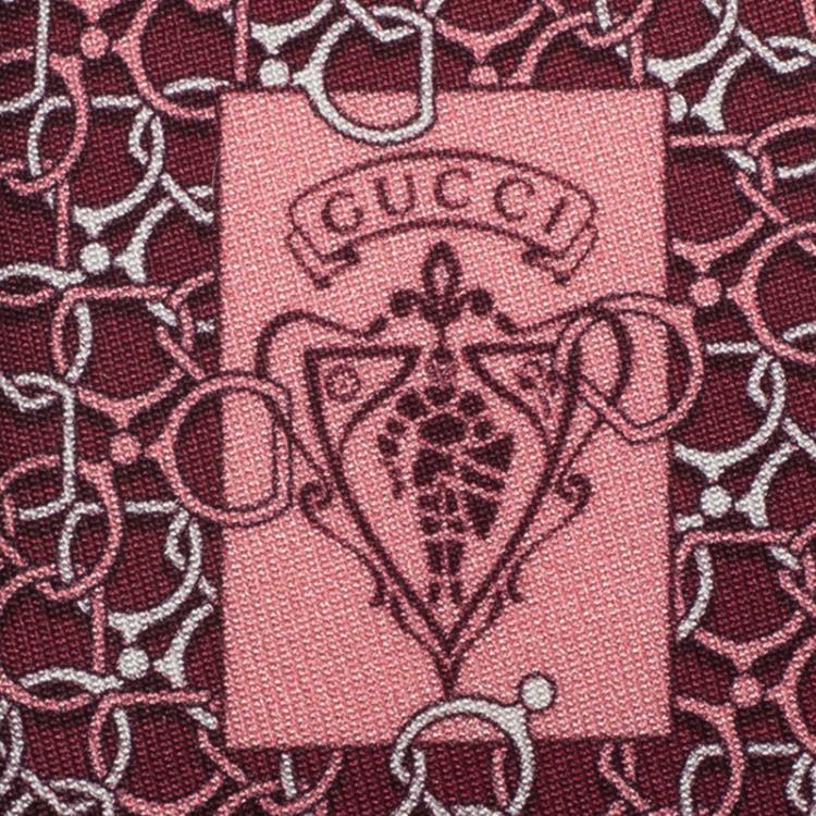 Pre Owned Gucci Bordeaux Pink Interlocking Horsebit Printed Silk Tie