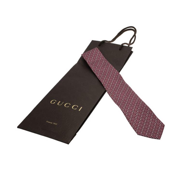 Pre Owned Gucci Bordeaux Pink Interlocking Horsebit Printed Silk Tie