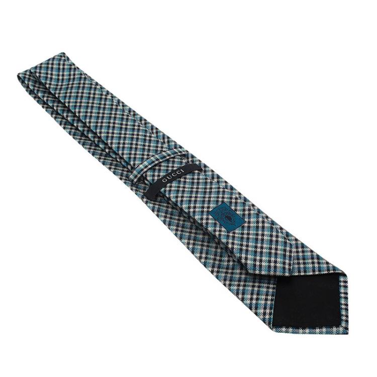 Pre Owned Gucci Blue Check Woven Silk Tie