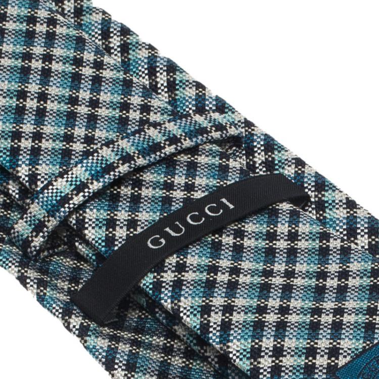 Pre Owned Gucci Blue Check Woven Silk Tie