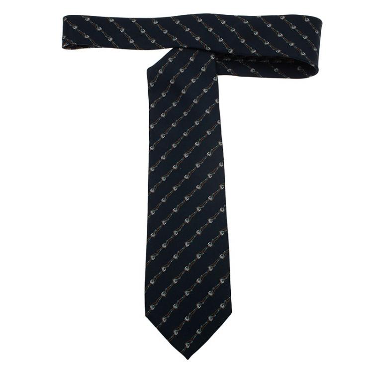 Pre Owned Gucci Navy Blue Printed Silk Tie