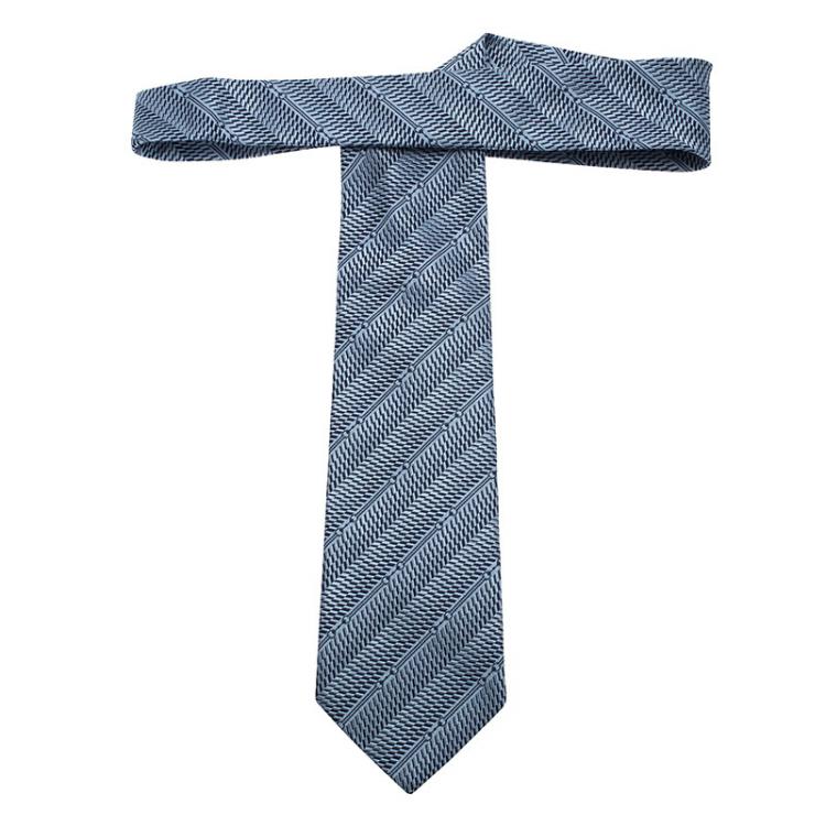 Pre Owned Gucci Monogram Blue Striped Woven Silk Tie