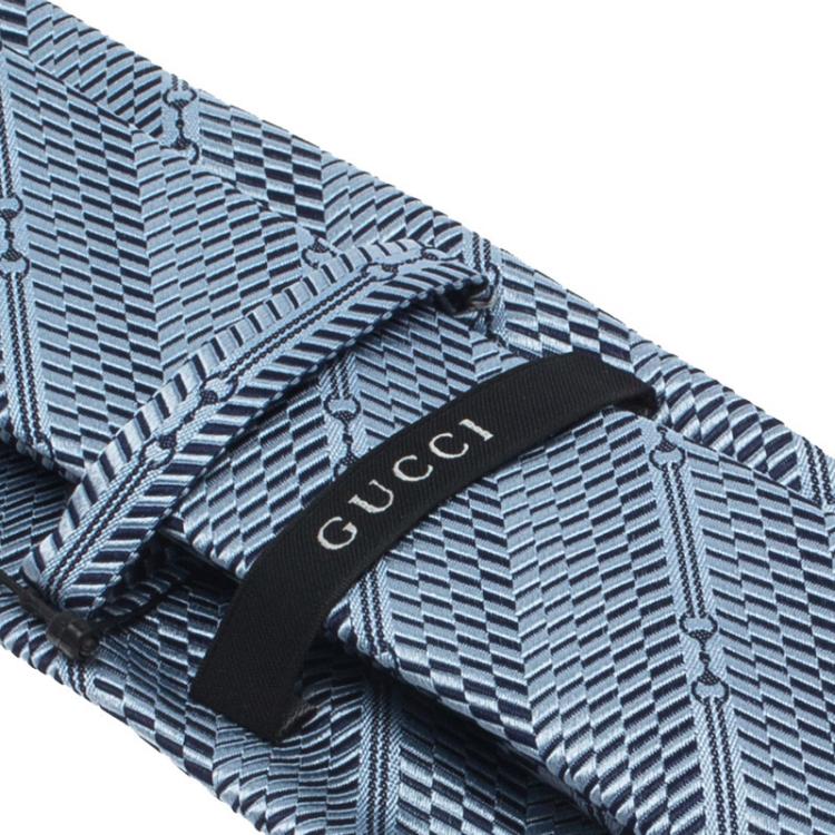 Pre Owned Gucci Monogram Blue Striped Woven Silk Tie