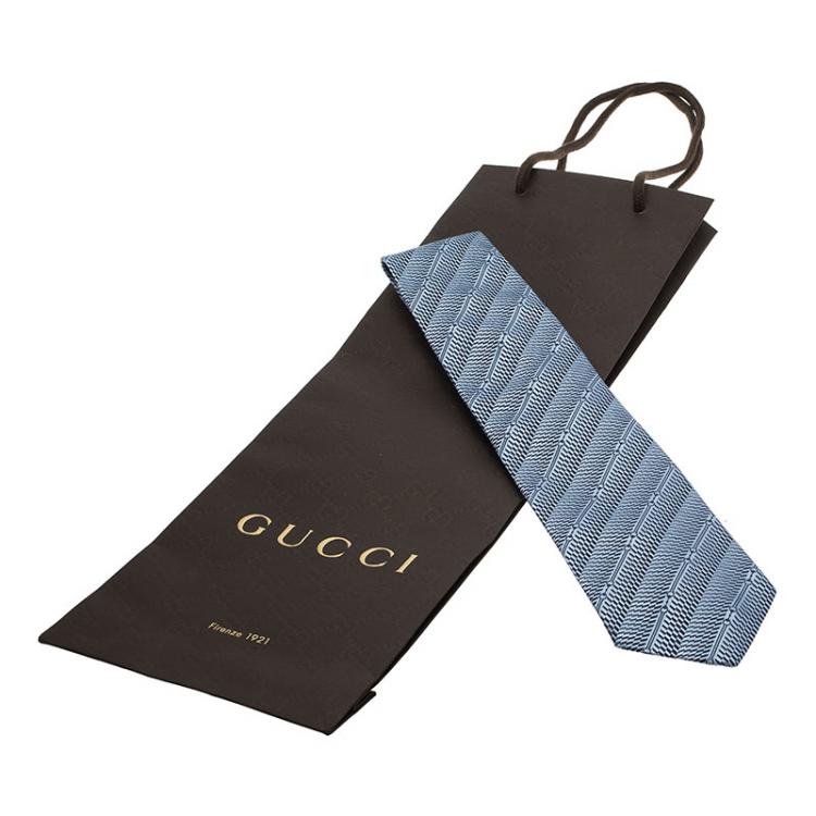 Pre Owned Gucci Monogram Blue Striped Woven Silk Tie
