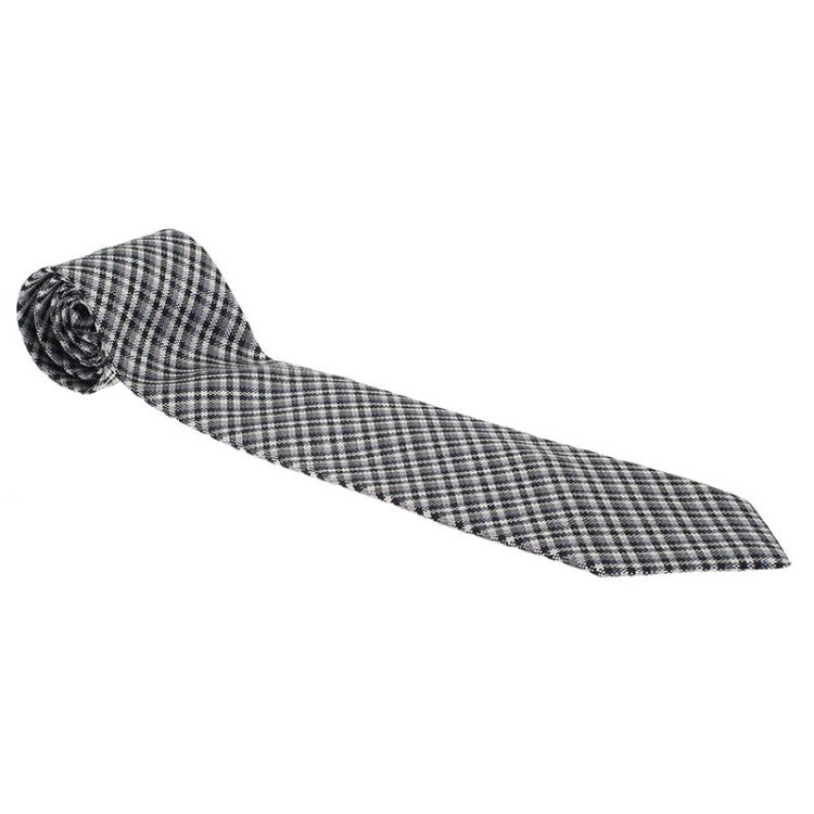 Pre Owned Gucci Black Grey Monochrome Micro-Check Woven Silk Tie