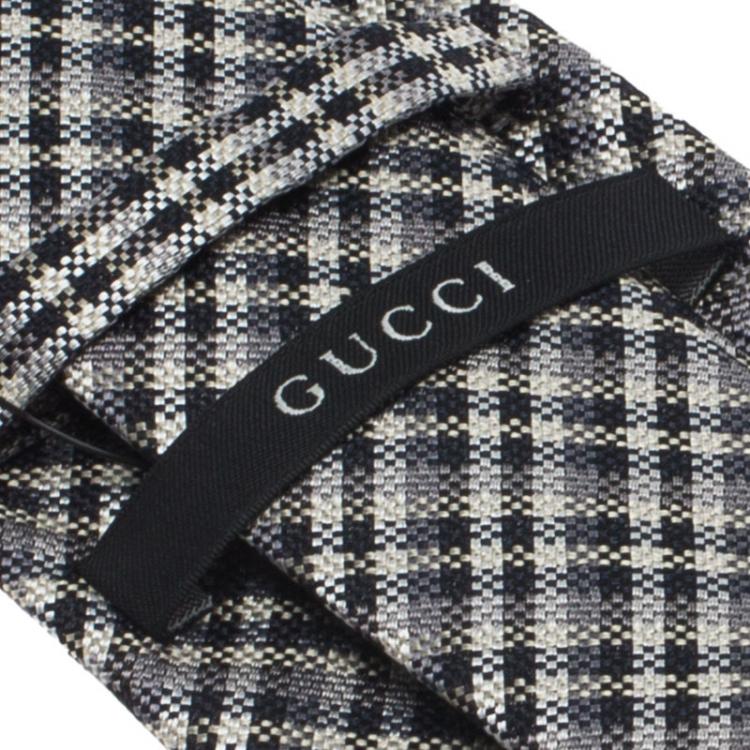 Pre Owned Gucci Black Grey Monochrome Micro-Check Woven Silk Tie