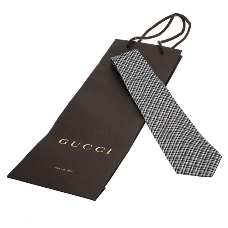 Pre Owned Gucci Black Grey Monochrome Micro-Check Woven Silk Tie