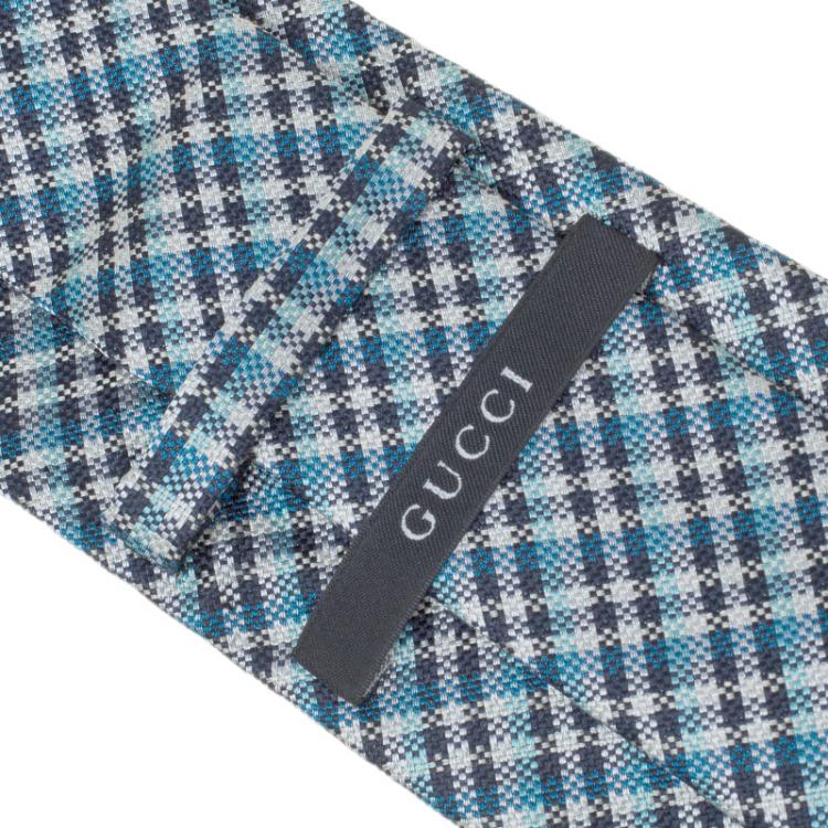 مملوكة مسبقًا Gucci Blue Check Woven Textured Silk Tie