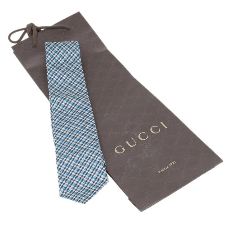 مملوكة مسبقًا Gucci Blue Check Woven Textured Silk Tie