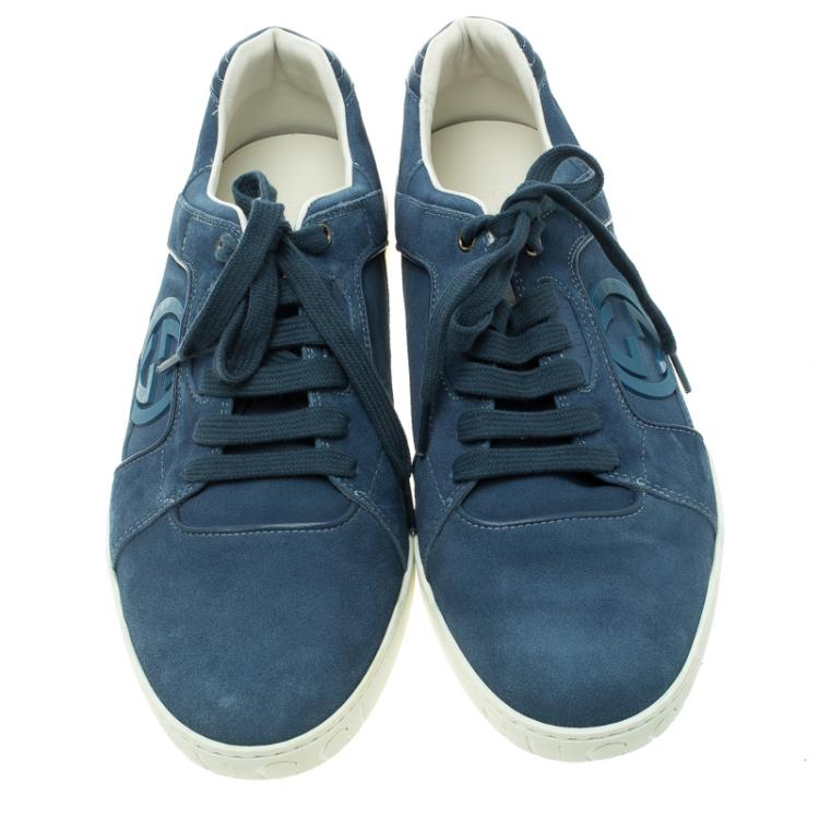 Pre Owned Gucci Light Blue Suede Interlocking GG Lace Up Sneakers Size 45