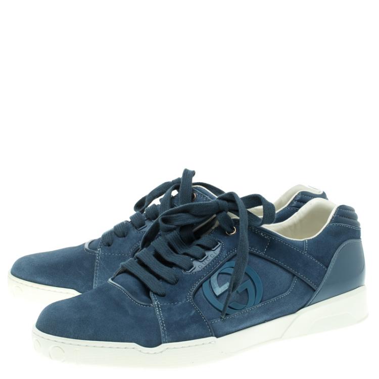 Pre Owned Gucci Light Blue Suede Interlocking GG Lace Up Sneakers Size 45