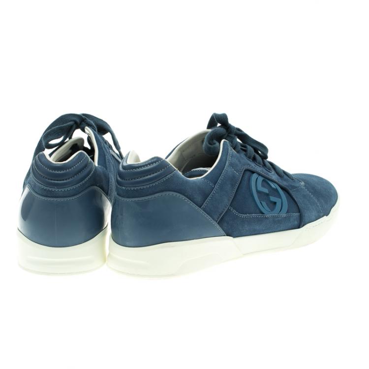 Pre Owned Gucci Light Blue Suede Interlocking GG Lace Up Sneakers Size 45