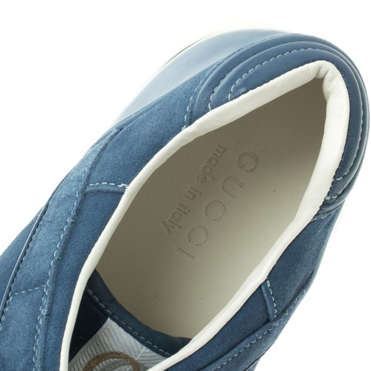 Pre Owned Gucci Light Blue Suede Interlocking GG Lace Up Sneakers Size 45
