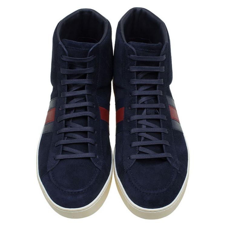 Pre Owned Gucci Navy Blue Suede Web Detail High Top Sneakers Size 43.5