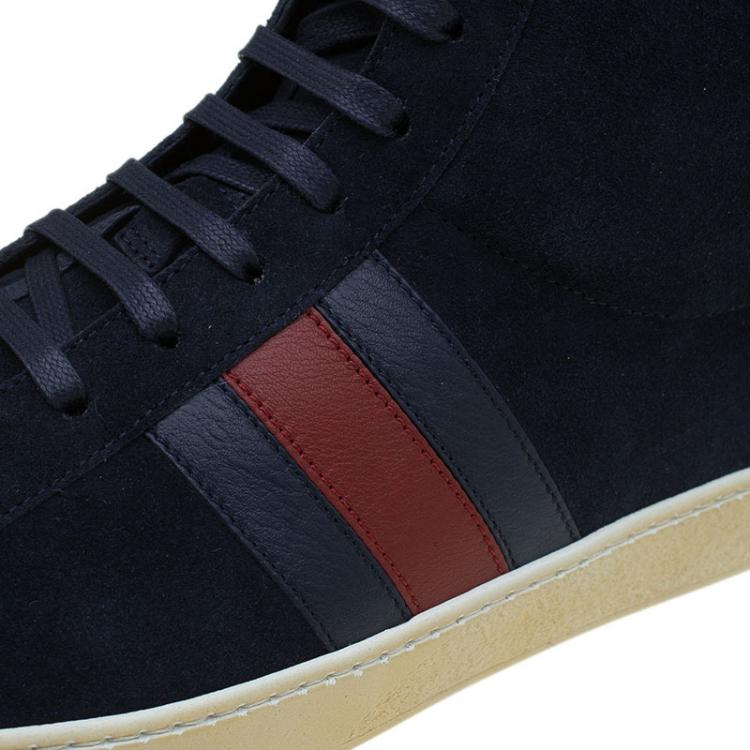 Pre Owned Gucci Navy Blue Suede Web Detail High Top Sneakers Size 43.5
