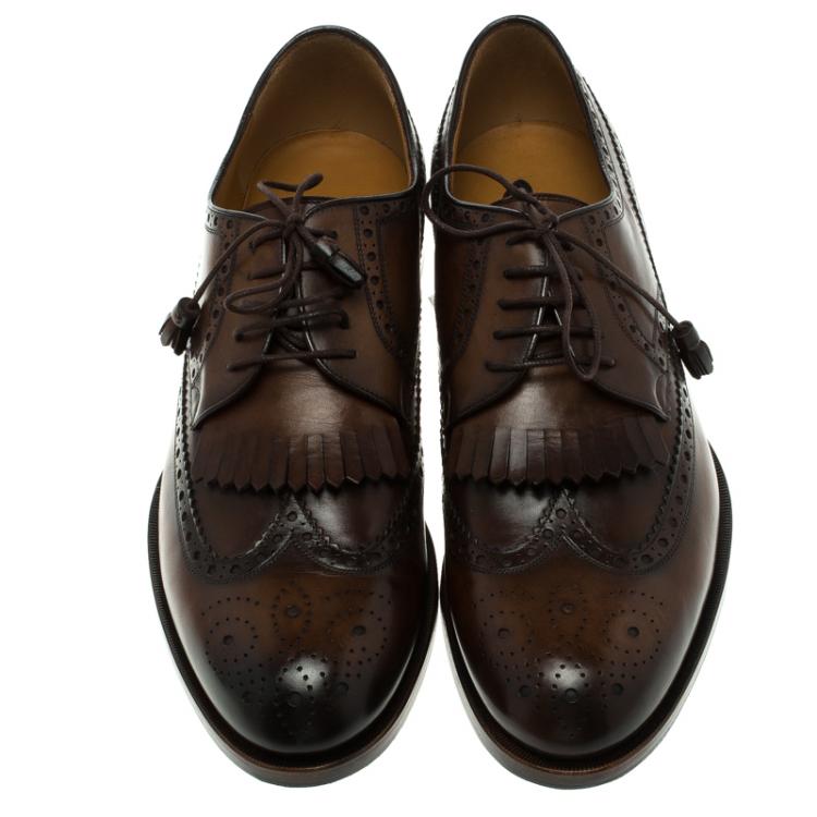Pre Owned Gucci Brown Brogue Leather Fringe Derby Size 44