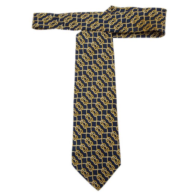 Pre Owned Gucci Navy Blue Silk Rope Print Tie 