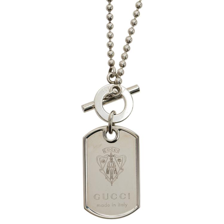 Pre Owned Gucci Crest Engraved Sterling Silver Dog Tag Necklace
