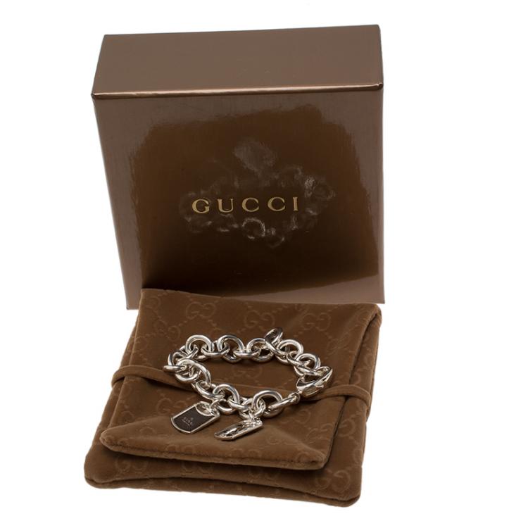 Pre Owned Gucci Dog Tag Silver Chain Bracelet