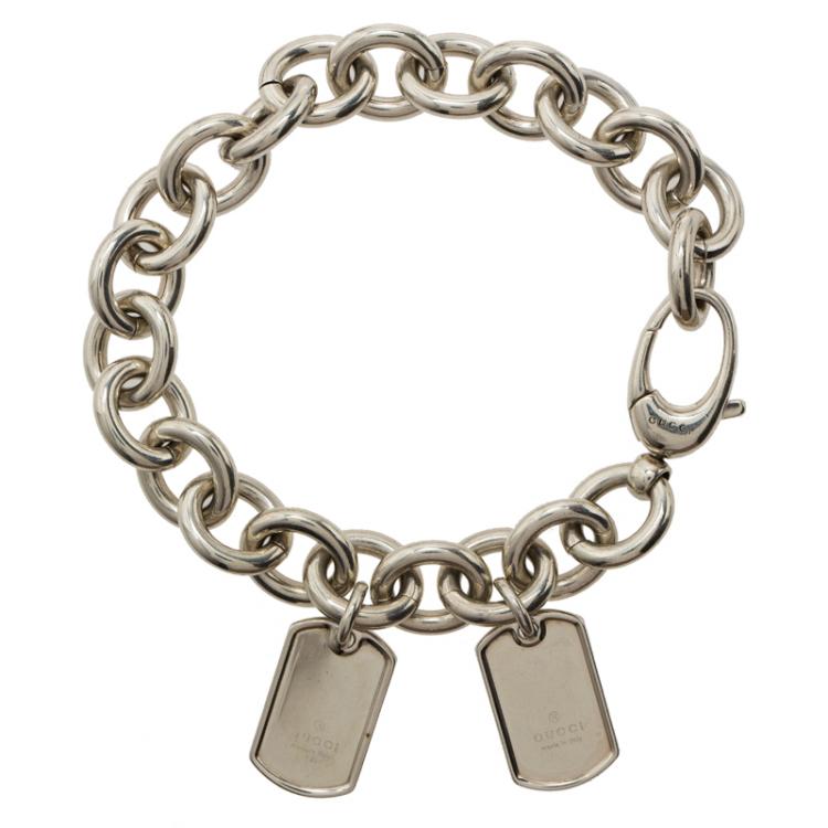 Pre Owned Gucci Dog Tag Silver Chain Bracelet
