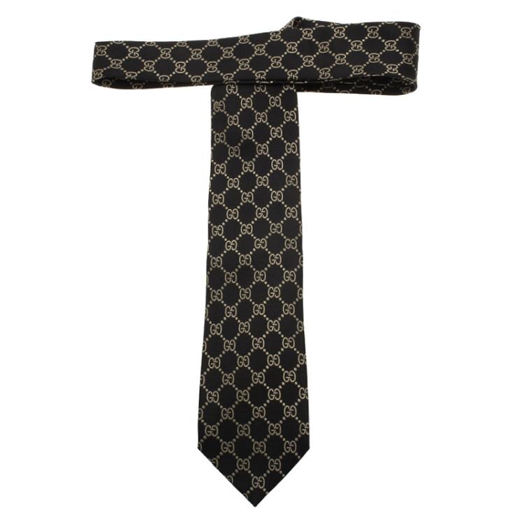 Pre Owned Gucci Black and Beige Guccissima Silk Tie