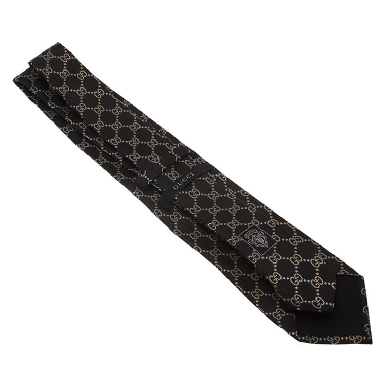 Pre Owned Gucci Black and Beige Guccissima Silk Tie