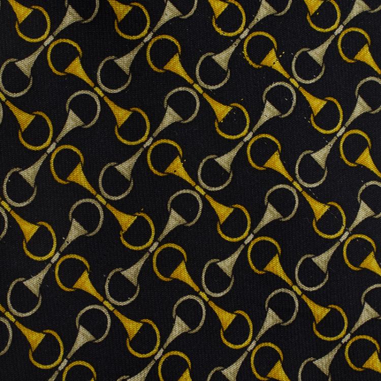 مملوكة مسبقًا Gucci Navy Blue and Yellow Horsebit Print Silk Tie