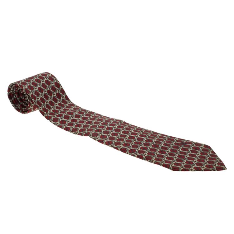 Pre Owned Gucci Red and Beige Printed Silk Tie
