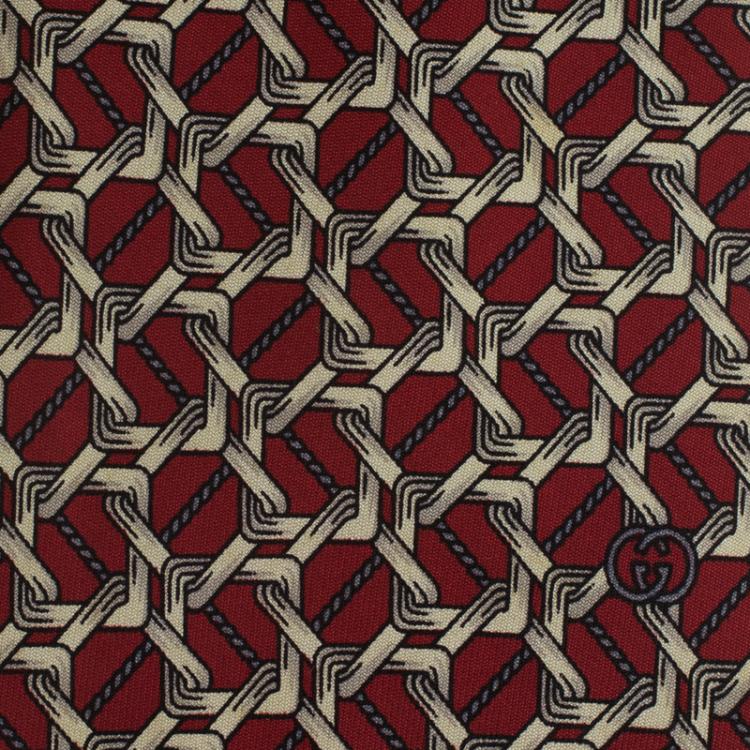 Pre Owned Gucci Red and Beige Printed Silk Tie