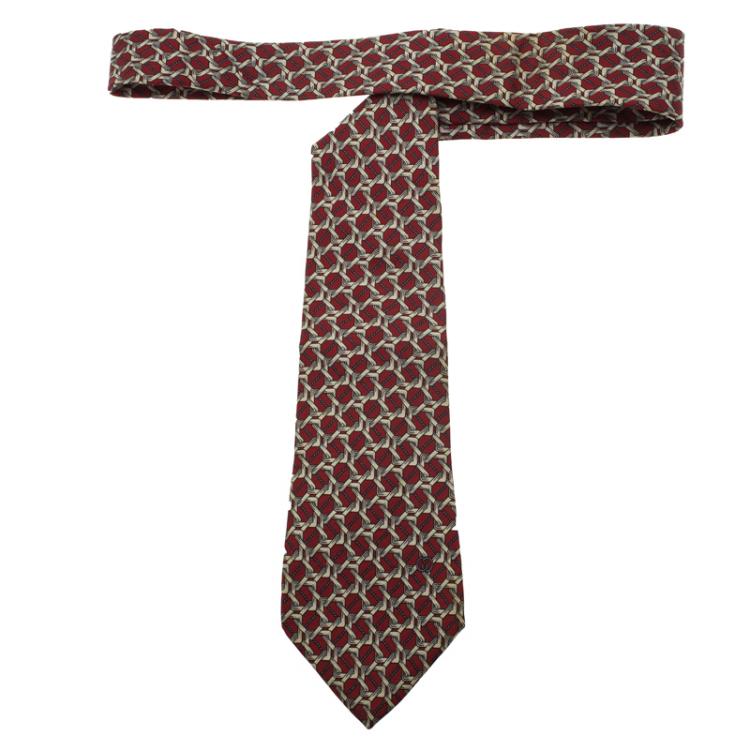 Pre Owned Gucci Red and Beige Printed Silk Tie