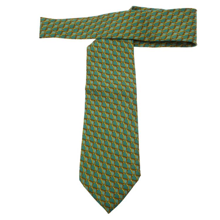 مملوكة مسبقًا Gucci Green and Brown Printed Silk Tie